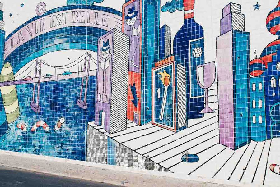 Part of André Saraiva's colourful tiled mural of city skylines in São Vicente de Fora, Lisbon