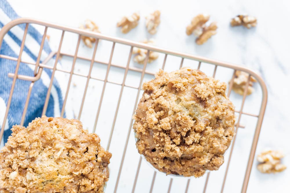 Flatlay of banana muffins with crunchy topping