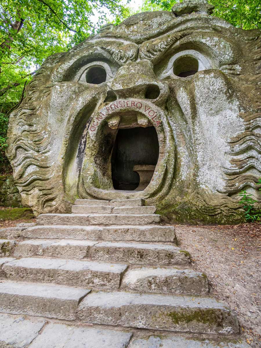 Bomarzo, Italy - 23 June 2021 - Statue in the Park of the Monsters of Bomarzo, also called Sacred Grove. a manieristic Garden in Lazio, Italy