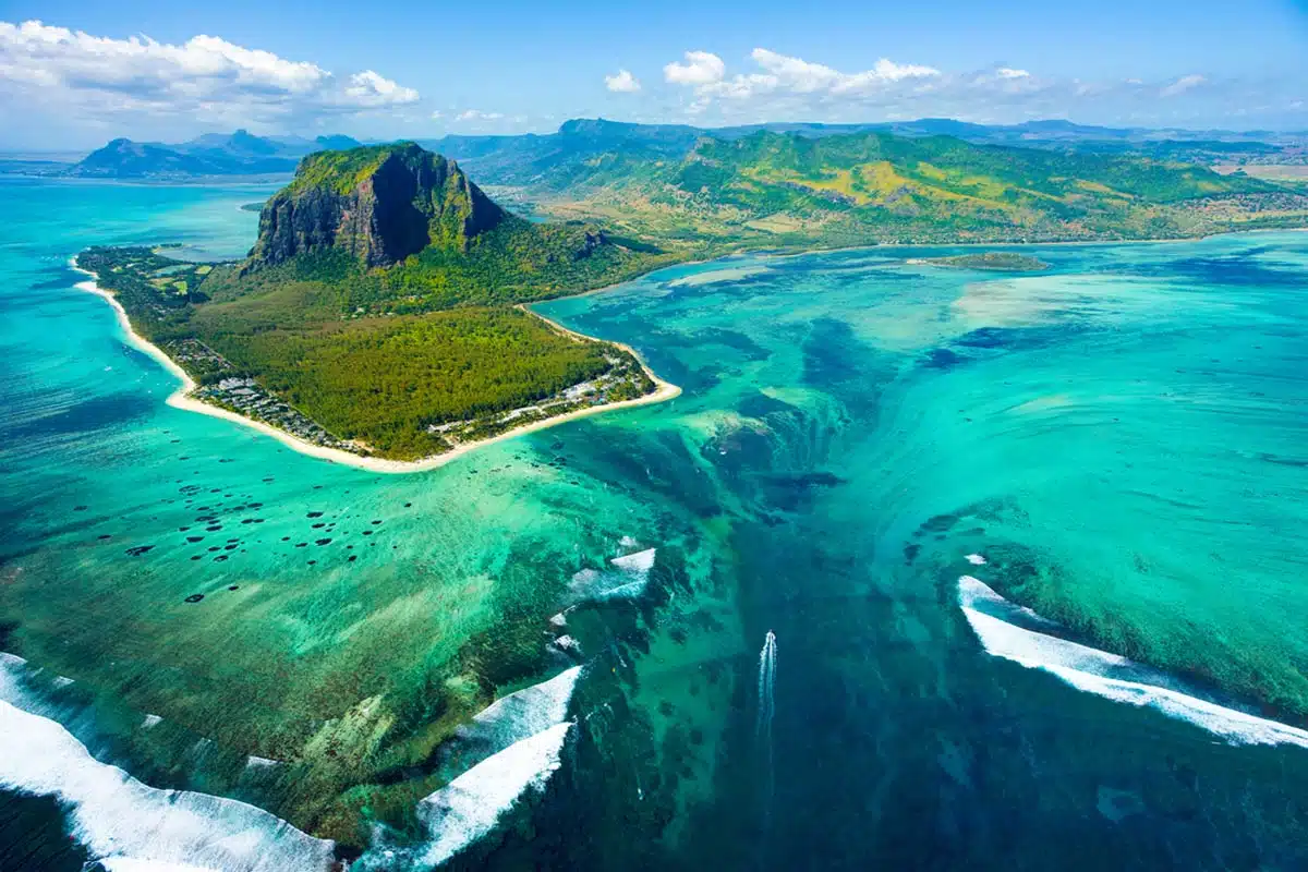 Le Morne Brabant mountain and underwater waterfall Mauritius island