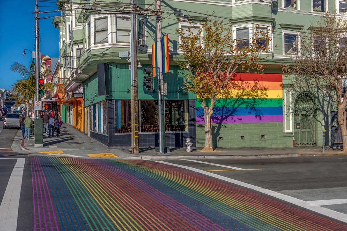 Castro District Rainbow Crosswalk Intersection - San Francisco, California, USA