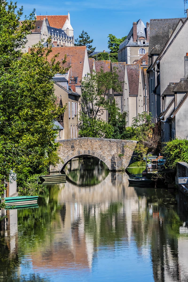 Scenic view of Eure River banks and houses in Historic Center of Chartres
