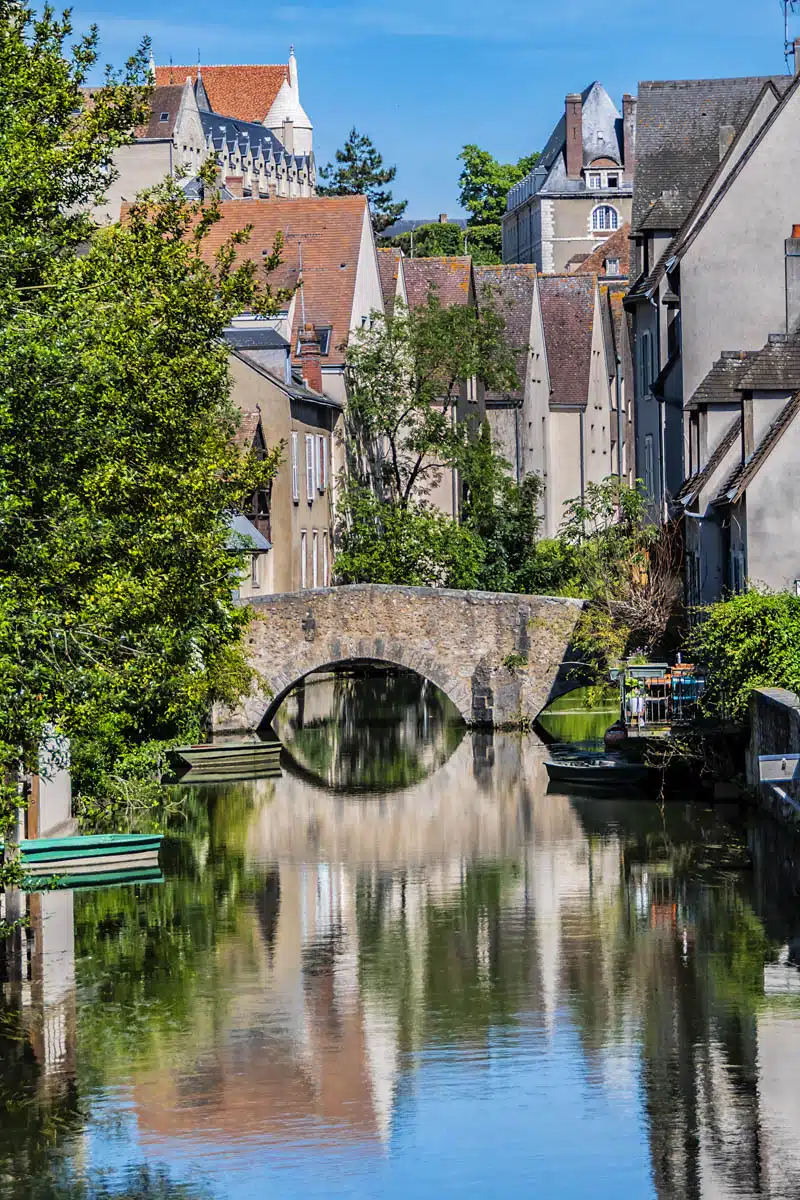 Scenic view of Eure River banks and houses in Historic Center of Chartres