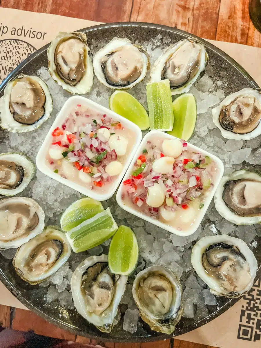 Platter of oysters on ice with lime wedges and bowls of red onion and corn salsa at Chipe Libre