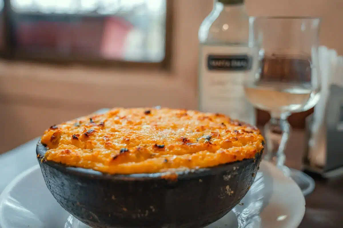 Pastel de choclo with a golden baked corn crust in a black clay dish at Galindo, Bellavista