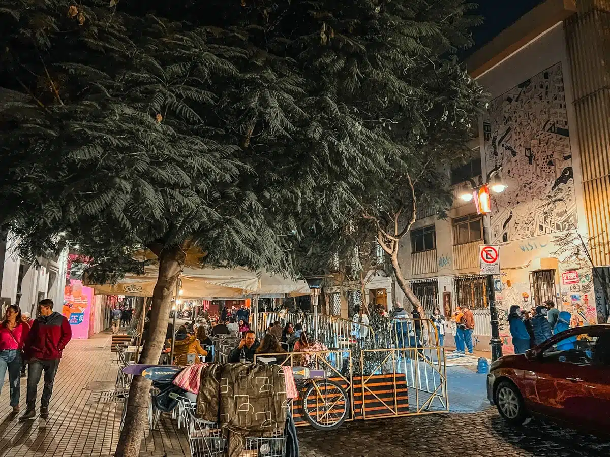 Market stalls, diners and passers-by under trees on Calle José Victorino Lastarria at night, Santiago