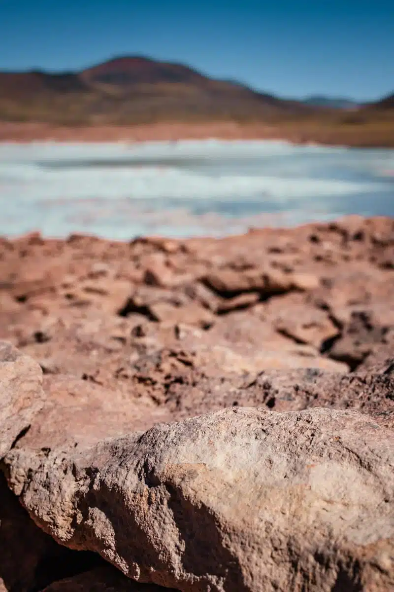 Close view of rough red volcanic rocks at Piedras Rojas, with the frozen Salar de Talar and brown hills behind