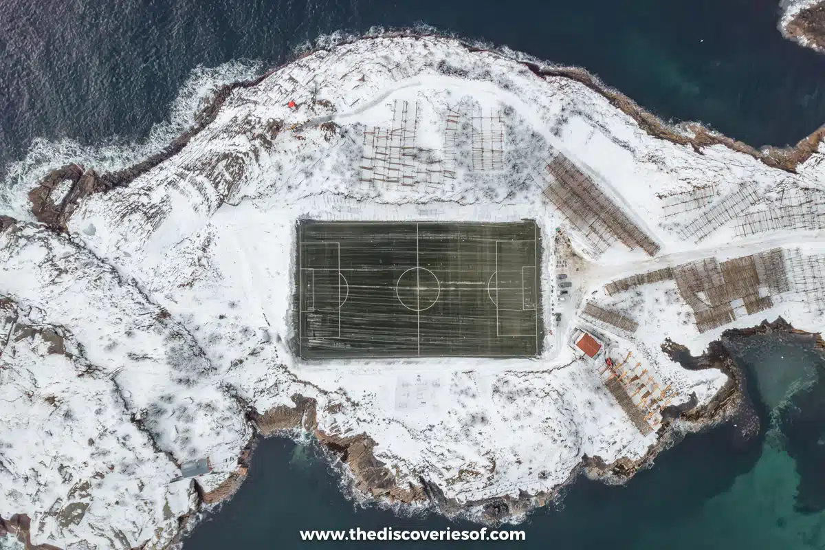 Henningsvaer Football Stadium Drone Aerial, Lofoten Islands Norway-2