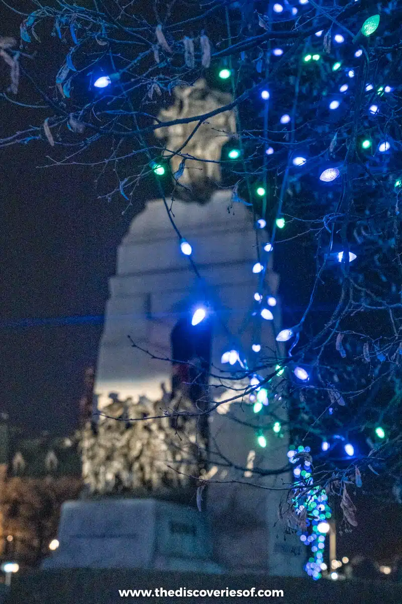Winter lights and war memorial 