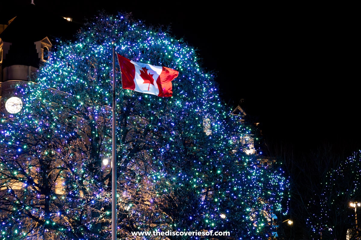 winter lights and the canadian flag