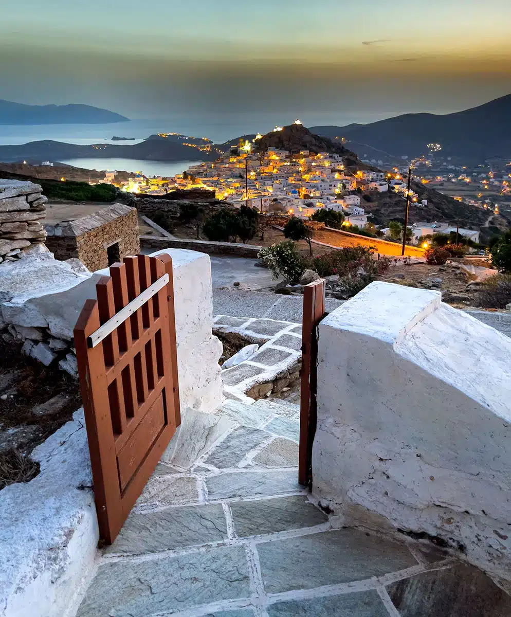 Panoramic view of the old city at sunset in Ios