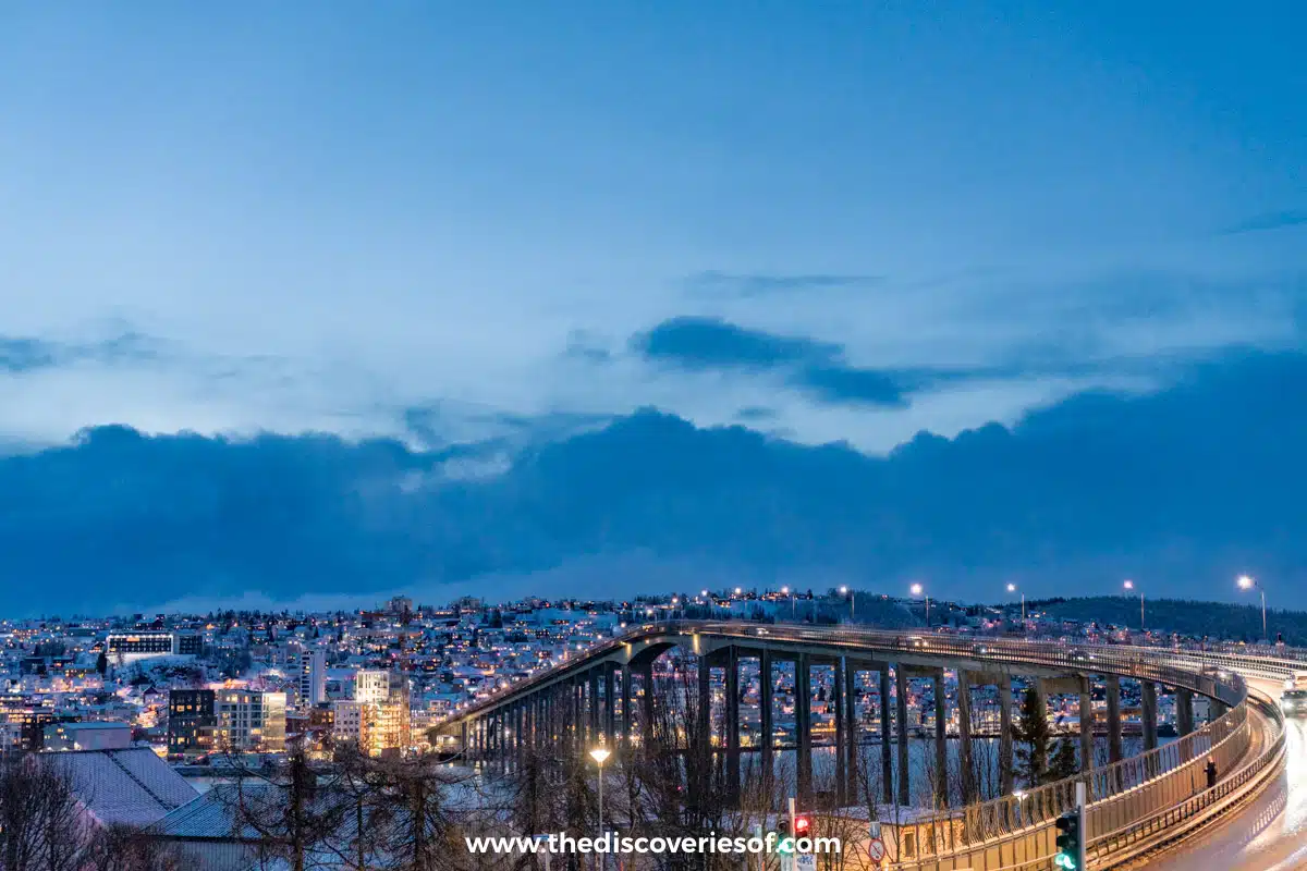 Tromsø and the bridge at dusk, from the cathedral side of the sound