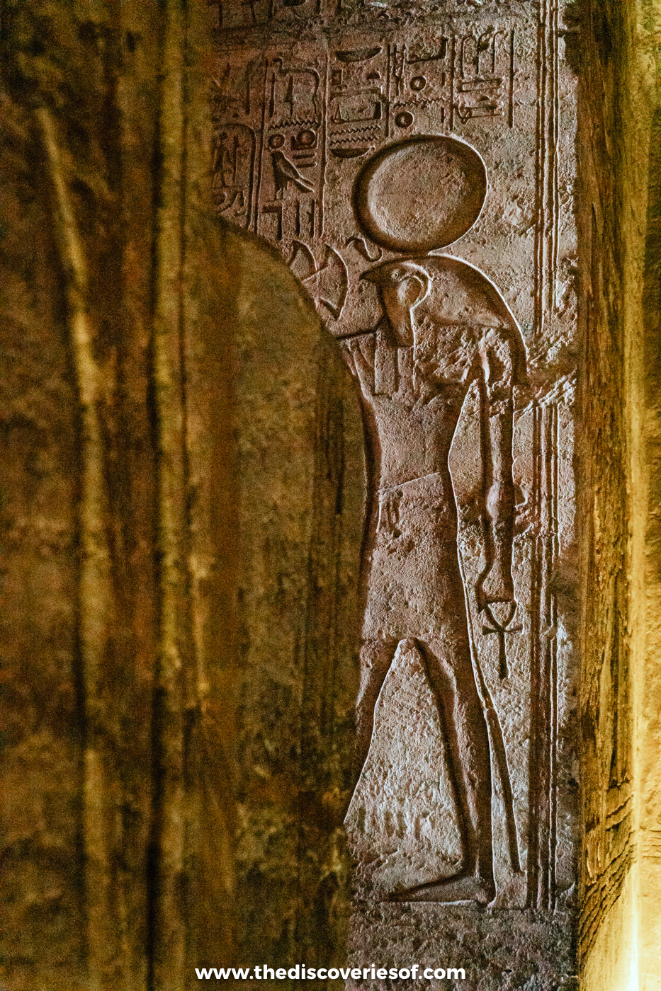 Relief of falcon-headed Ra-Horakhty holding an ankh and sceptre on a doorway, Great Temple, Abu Simbel