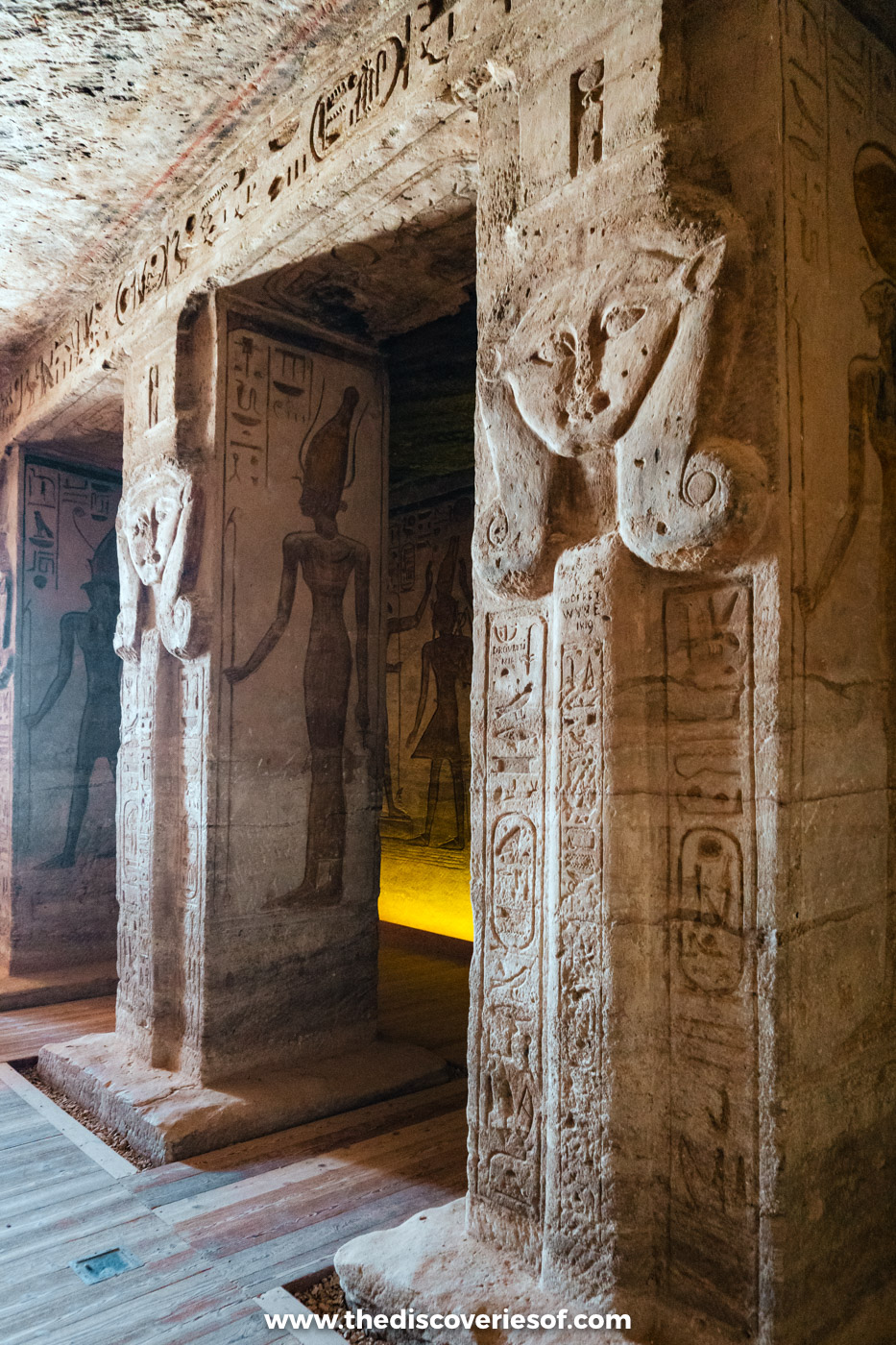 A square pillar topped with the carved face of Hathor inside the Temple of Hathor and Nefertari, Abu Simbel