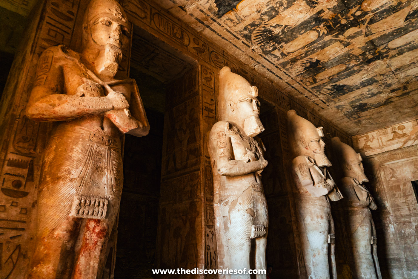 Giant Osiride statues of Ramses II with crossed arms lining the great hall of the Great Temple, Abu Simbel