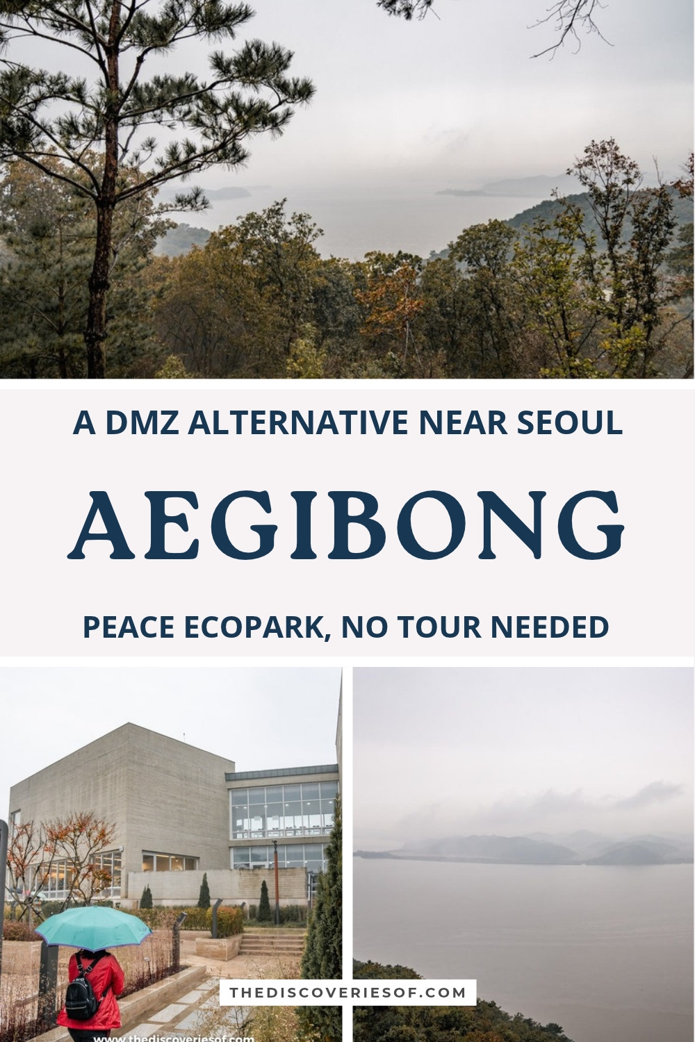 Pine trees framing the misty river estuary, a visitor with an umbrella by the exhibition hall and the view towards North Korea at Aegibong Peace Ecopark