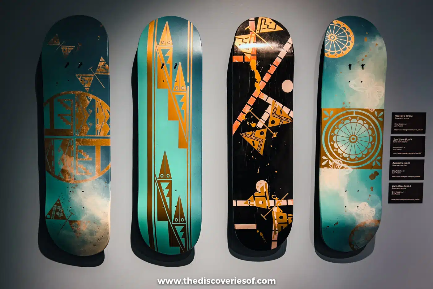 Painted skateboard decks in the Native skateboard art exhibition at the Indian Pueblo Cultural Center, Albuquerque