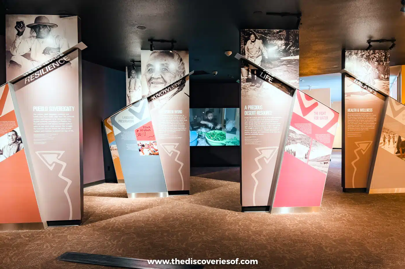 Exhibition panels and displays on Pueblo history and culture inside the Indian Pueblo Cultural Center, Albuquerque