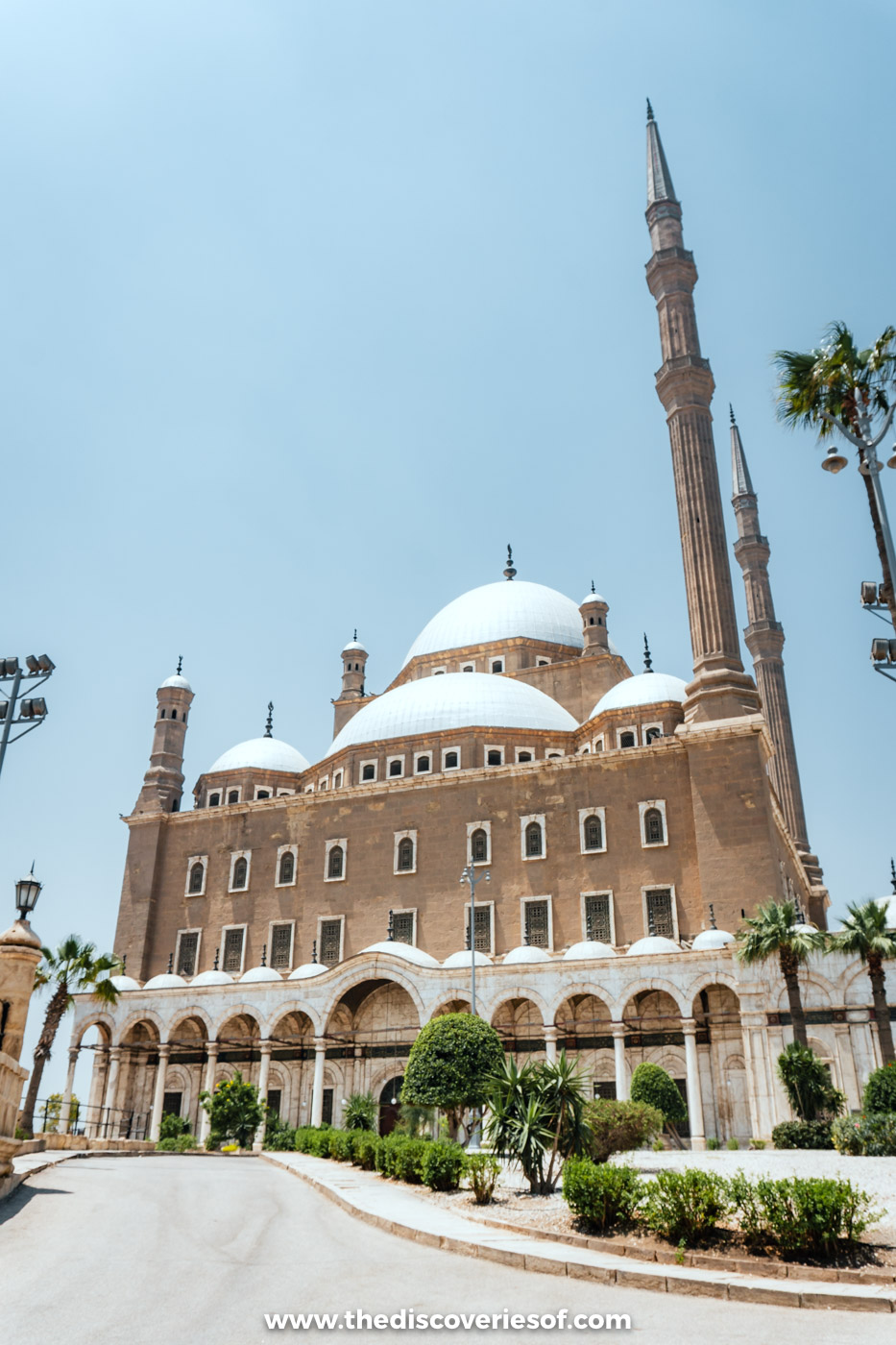 The Mosque of Muhammad Ali with its domes and minarets seen from the gardens of the Cairo Citadel