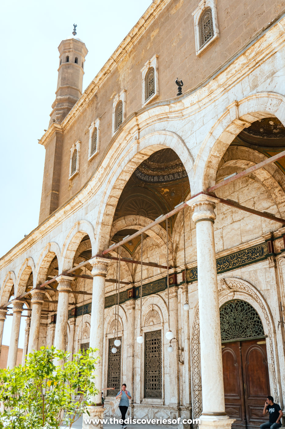 White alabaster arches and columns around the courtyard of the Mosque of Muhammad Ali at the Cairo Citadel