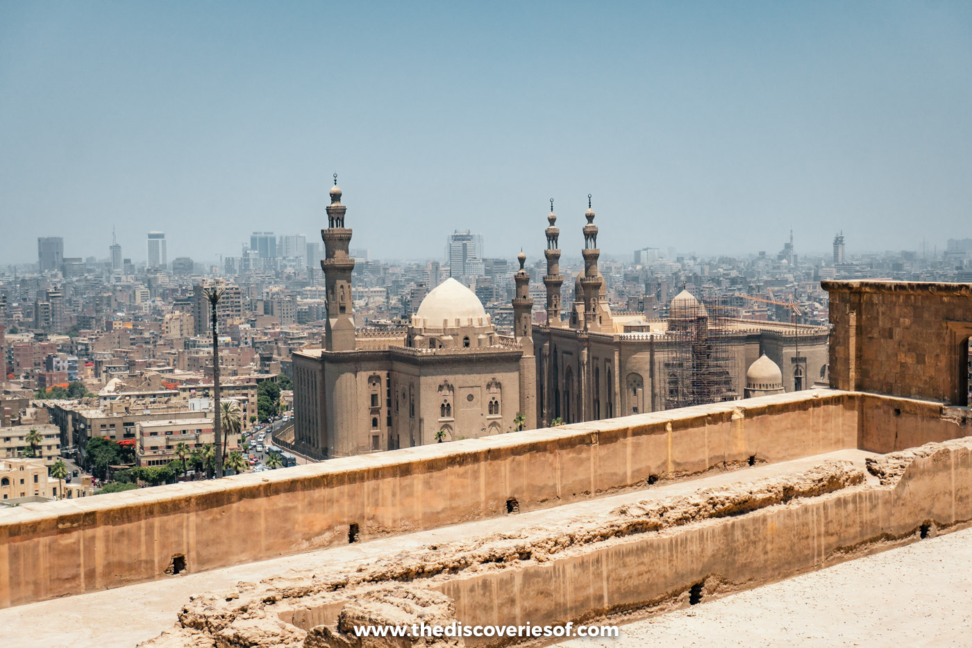 The mosques of Sultan Hassan and al-Rifa'i and the city beyond, seen from the walls of the Cairo Citadel