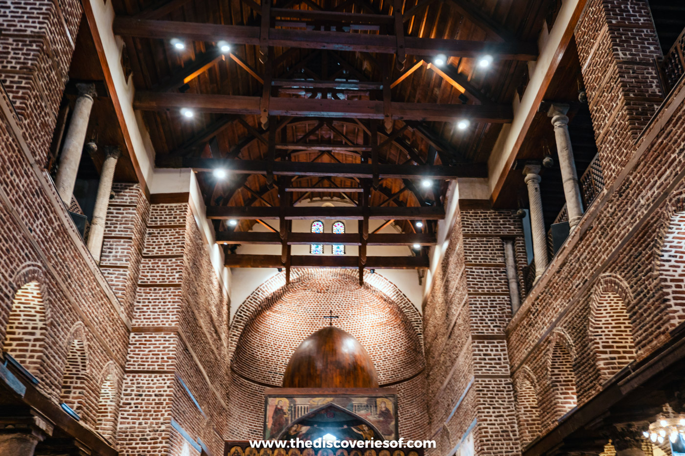 The brick nave and wooden roof of the Church of St Sergius and St Bacchus in Coptic Cairo