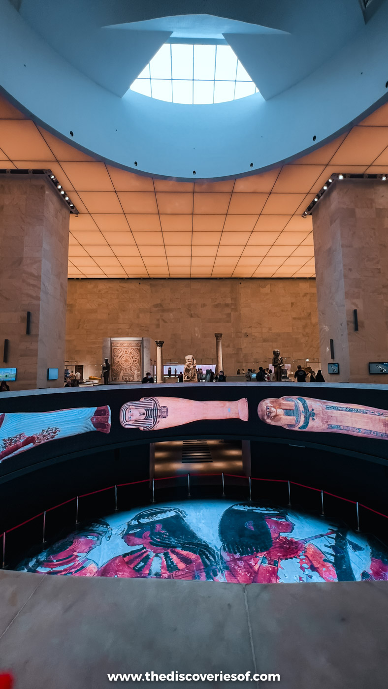 The main hall of the National Museum of Egyptian Civilisation in Fustat, with a display set into the floor