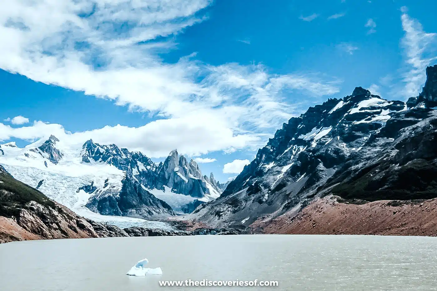 Laguna Torre with a small iceberg below the glacier and peaks, El Chaltén, Argentina