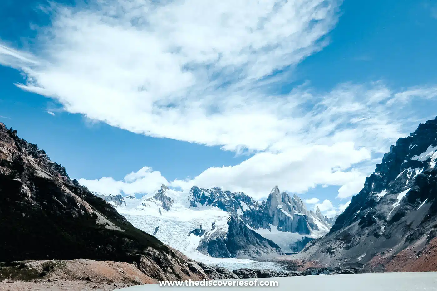 Laguna Torre and Cerro Torre under sweeping white clouds, El Chaltén, Argentina