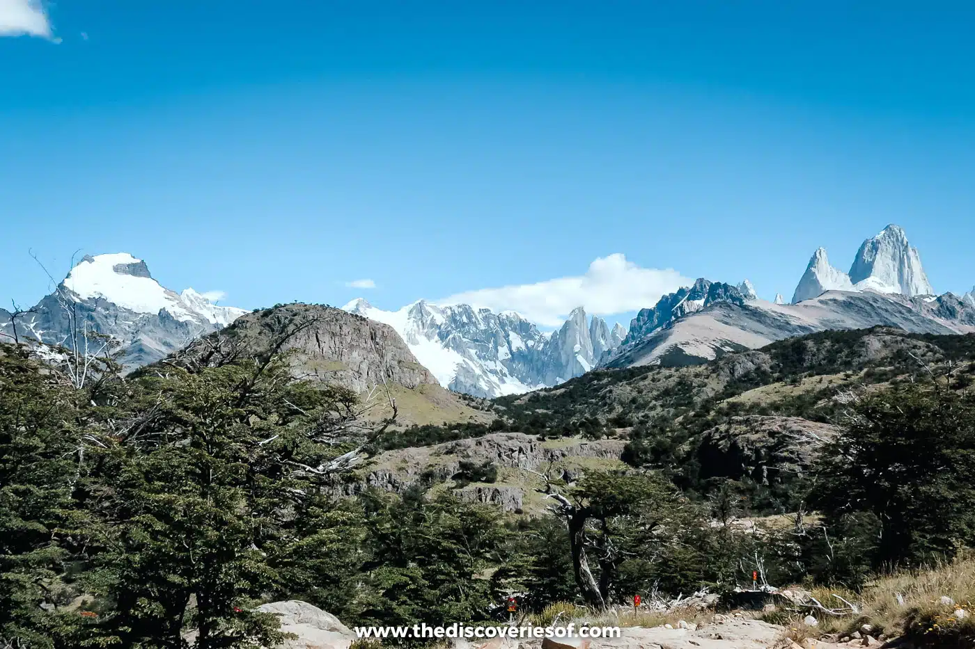 The Fitz Roy massif rising above forested hills near El Chaltén, Argentina