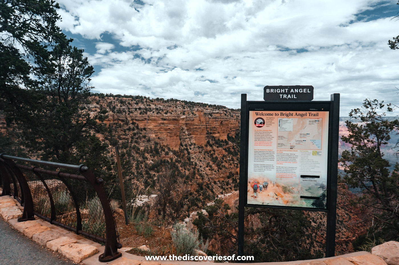 The trailhead sign at the start of the Bright Angel Trail, Grand Canyon