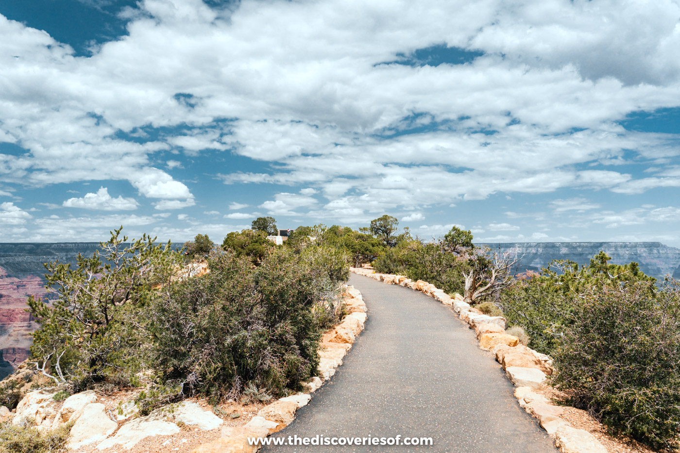 The paved Rim Trail curving along the edge of the Grand Canyon's South Rim