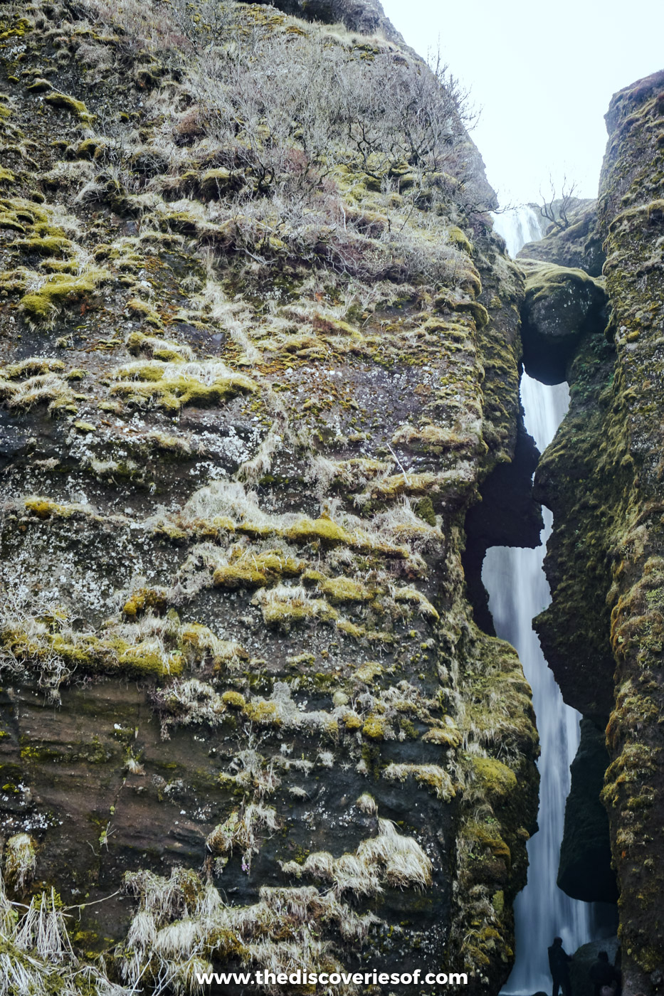 Gljúfrabúi waterfall glimpsed through a narrow cleft between moss-covered rock walls on Iceland's south coast