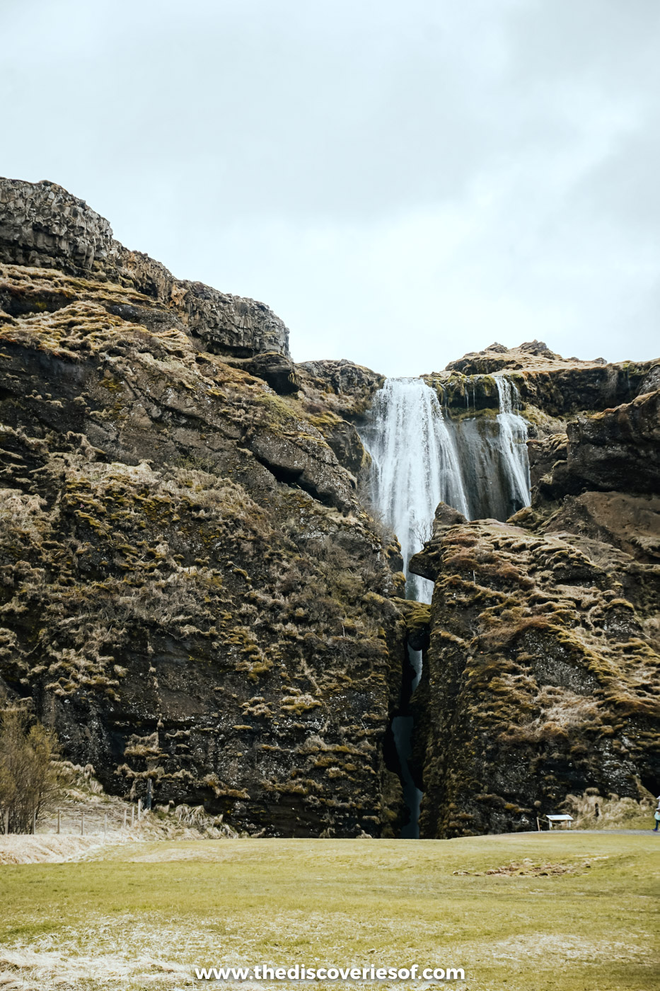 The top of Gljúfrabúi waterfall dropping into a cleft in the dark cliff above a grassy meadow near Seljalandsfoss