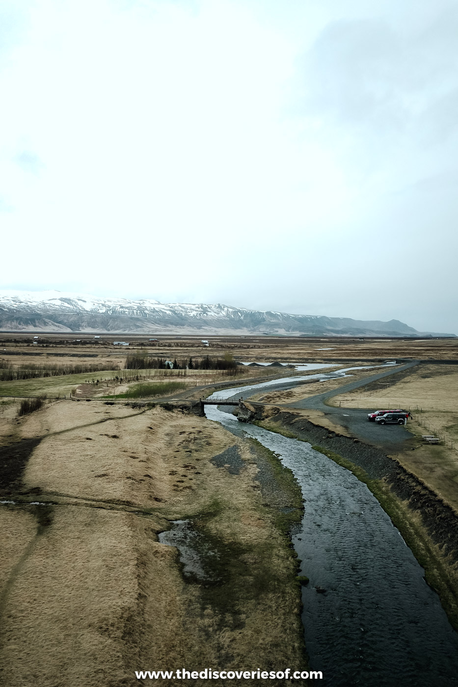 Drone view of a braided glacial river and gravel plain on a super jeep day in south Iceland in May