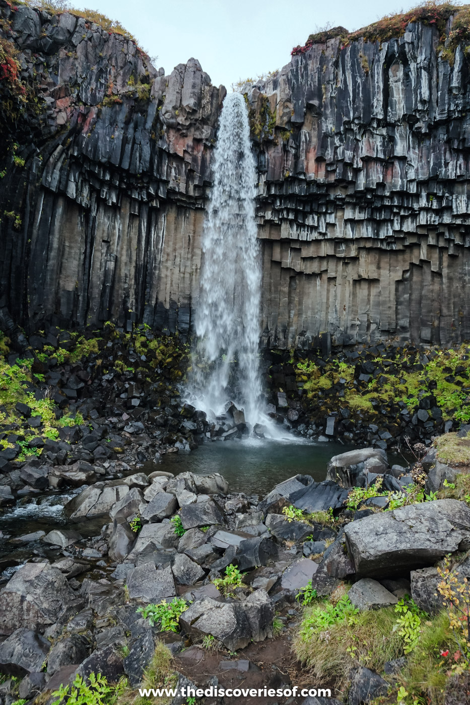 Close view of Svartifoss falling over hanging black basalt columns into a pool ringed by fallen rocks, Skaftafell