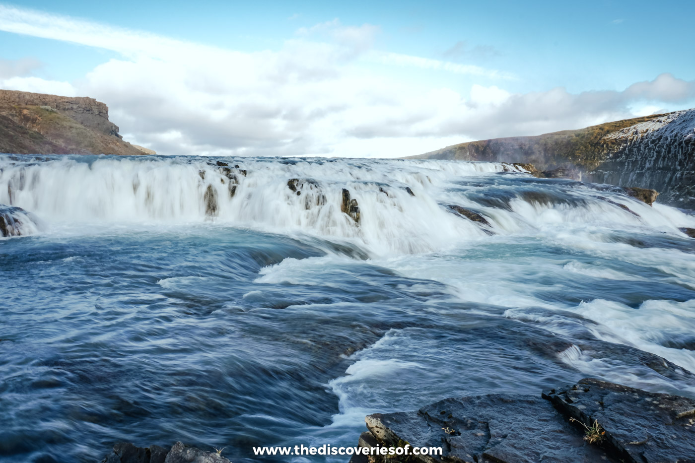 Long exposure of the first step of Gullfoss, the water smoothed to a blur, taken from the lower path