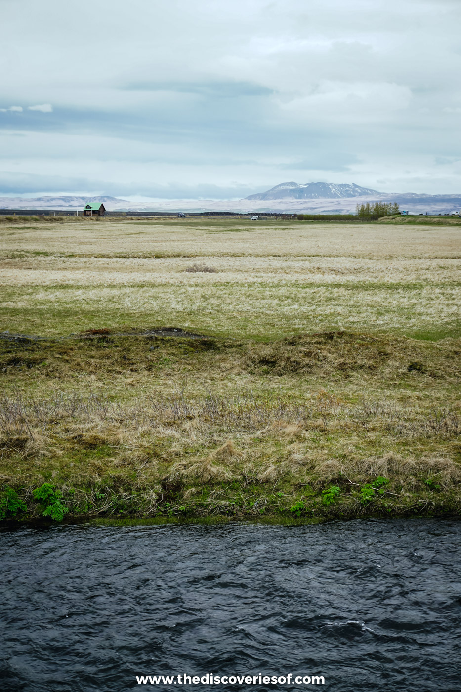 The Seljalandsá river flowing past straw-coloured grassland below Seljalandsfoss, with distant hills on the horizon