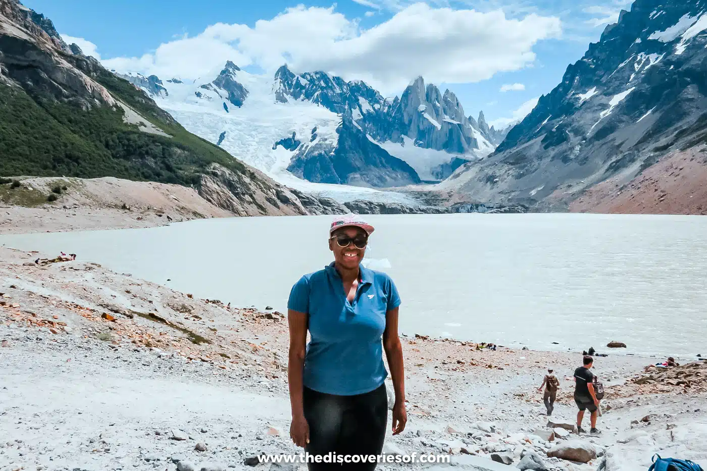 Julianna Barnaby at Laguna Torre with Cerro Torre and its glacier behind, El Chaltén, Argentina
