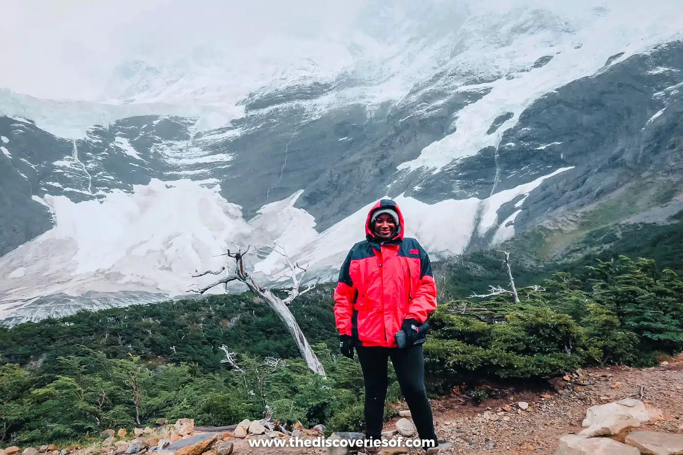 Julianna Barnaby in front of the hanging glacier in the Francés Valley, Torres del Paine, Chile