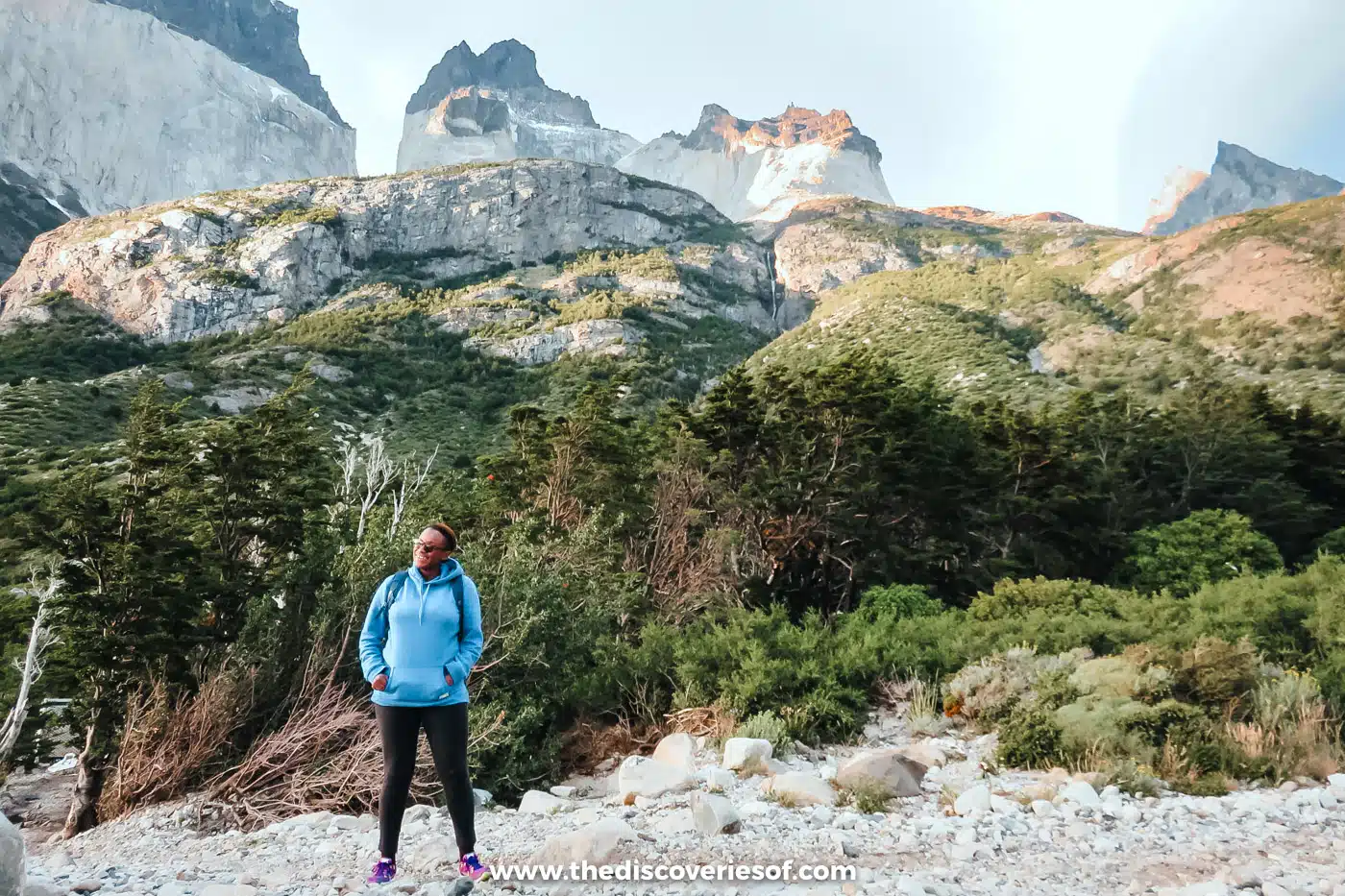 Julianna Barnaby on the W Trek below the Cuernos del Paine, Torres del Paine, Chile