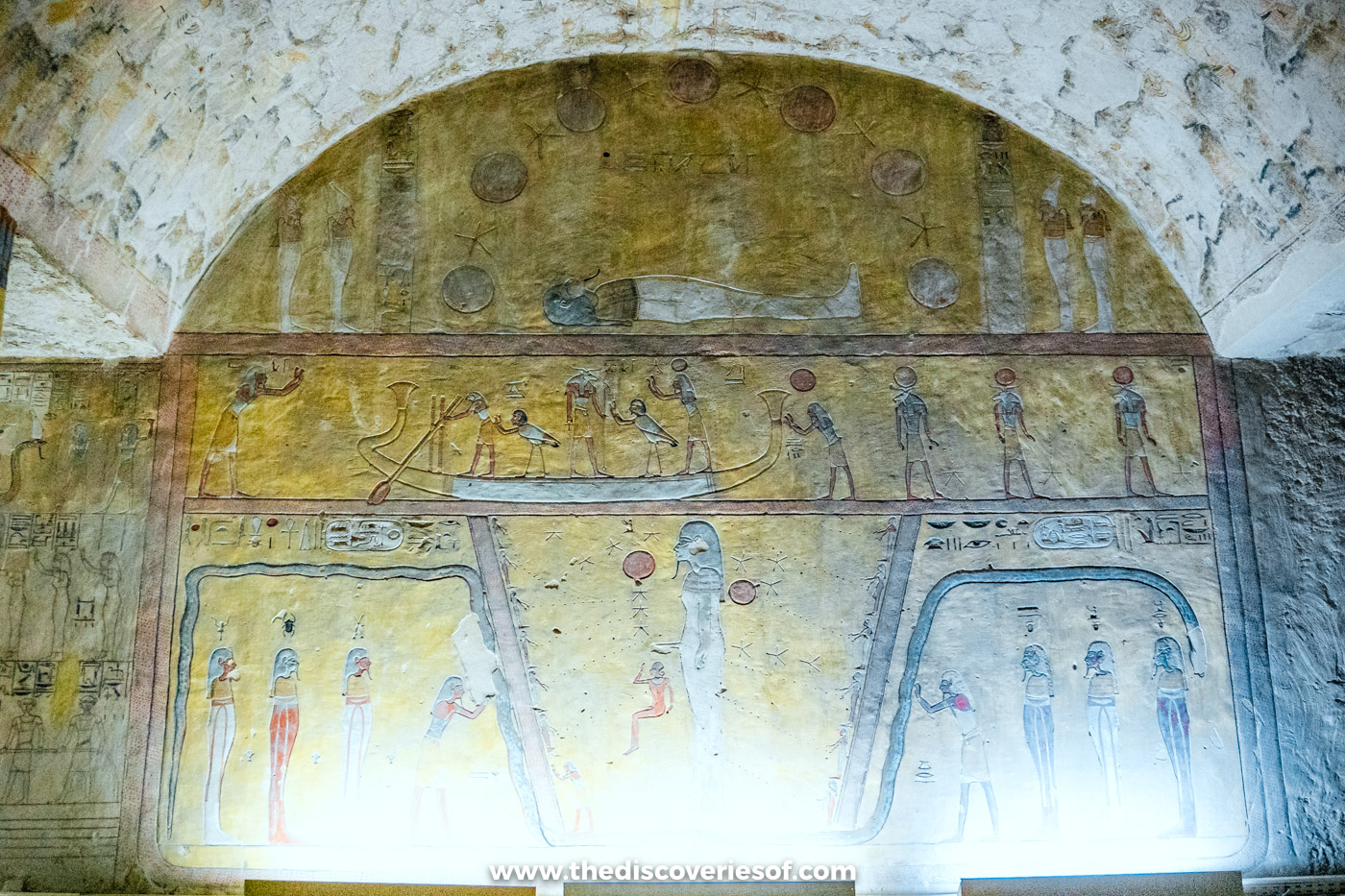 Yellow painted lunette with the sun god's boat and gods in the first burial chamber of tomb KV14, Luxor