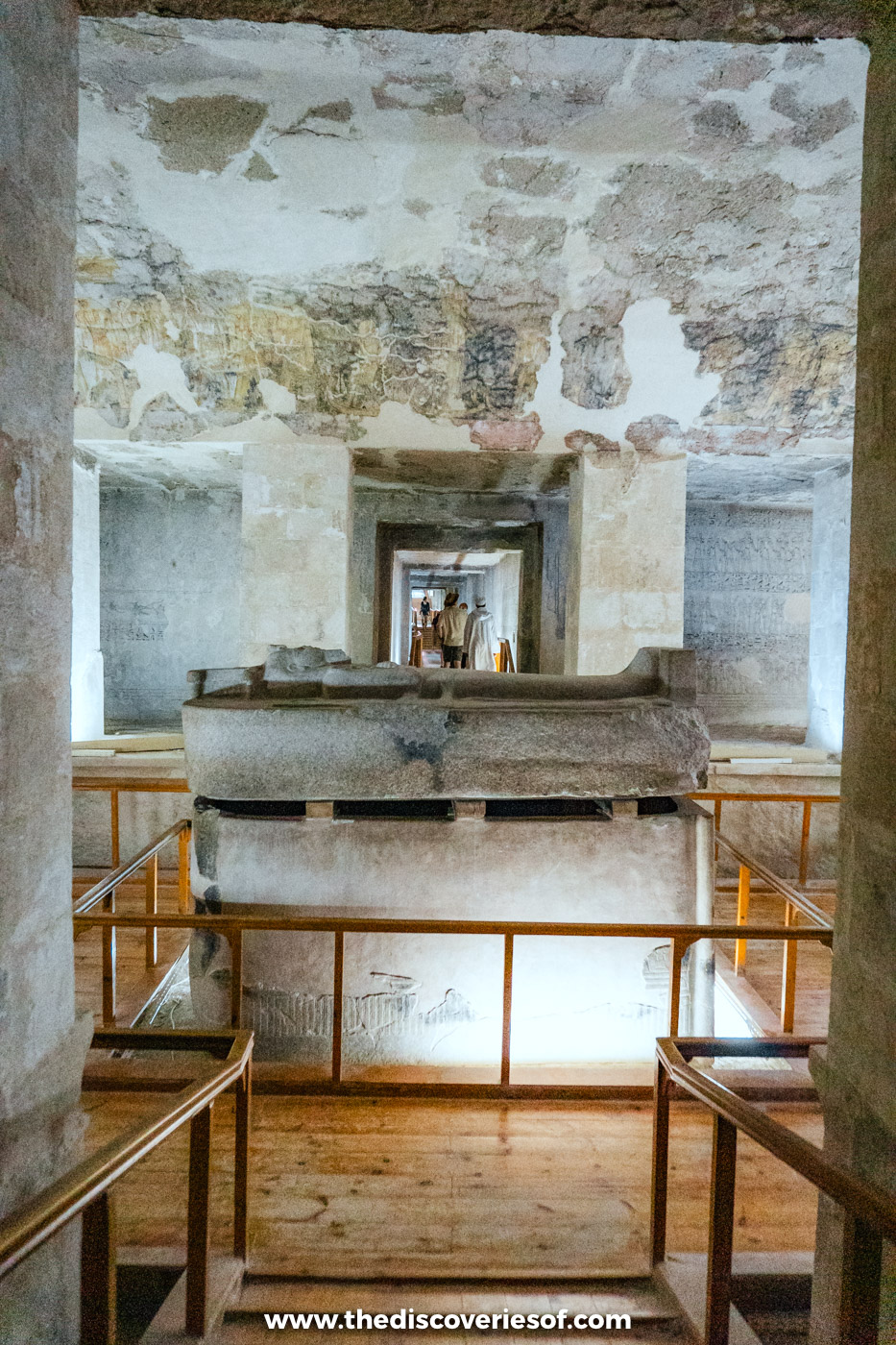Broken red granite sarcophagus of Setnakht in the pillared second burial chamber of tomb KV14, Luxor