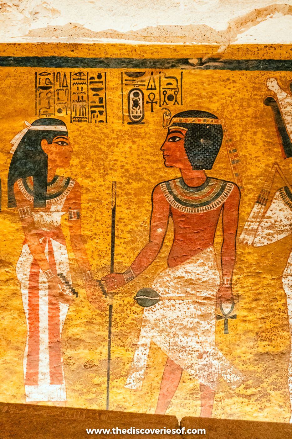 Wall painting of Tutankhamun greeted by a goddess on a golden background in tomb KV62, Valley of the Kings