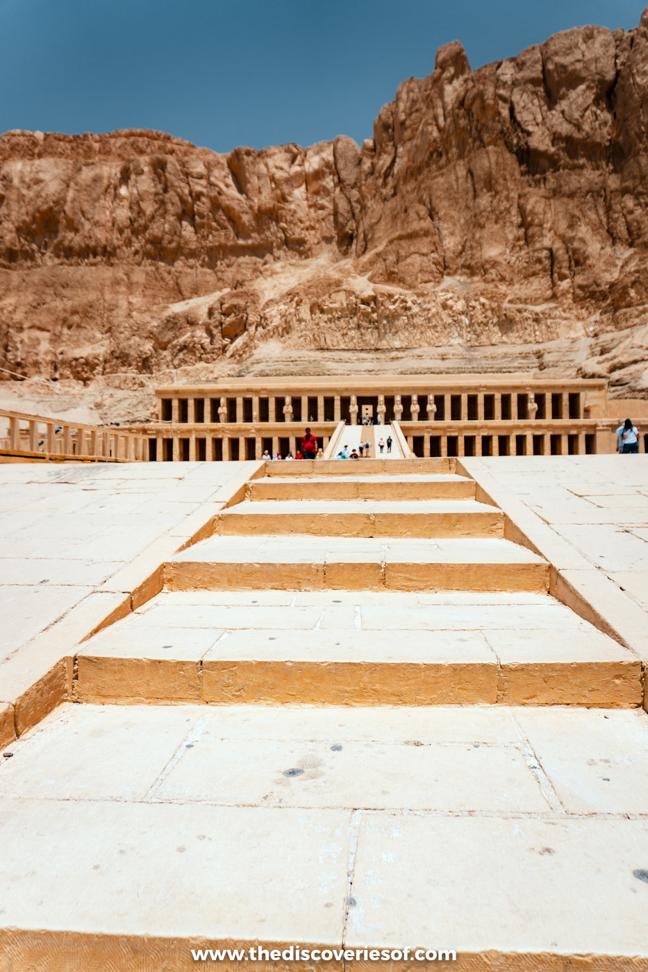 Long ramp and terraces leading up to the Mortuary Temple of Hatshepsut beneath the cliffs of Deir el-Bahari