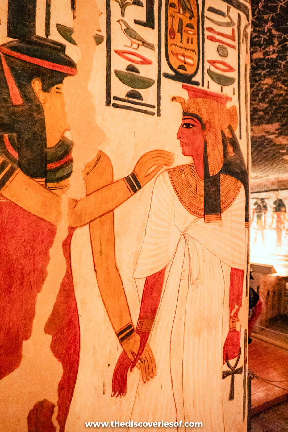 Painted pillar showing Queen Nefertari in a white robe with the goddess Isis in her tomb, Valley of the Queens