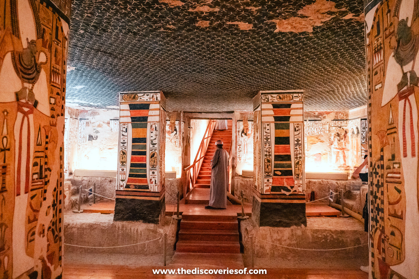 Painted pillars and the stairway into the burial chamber of the tomb of Nefertari, Valley of the Queens
