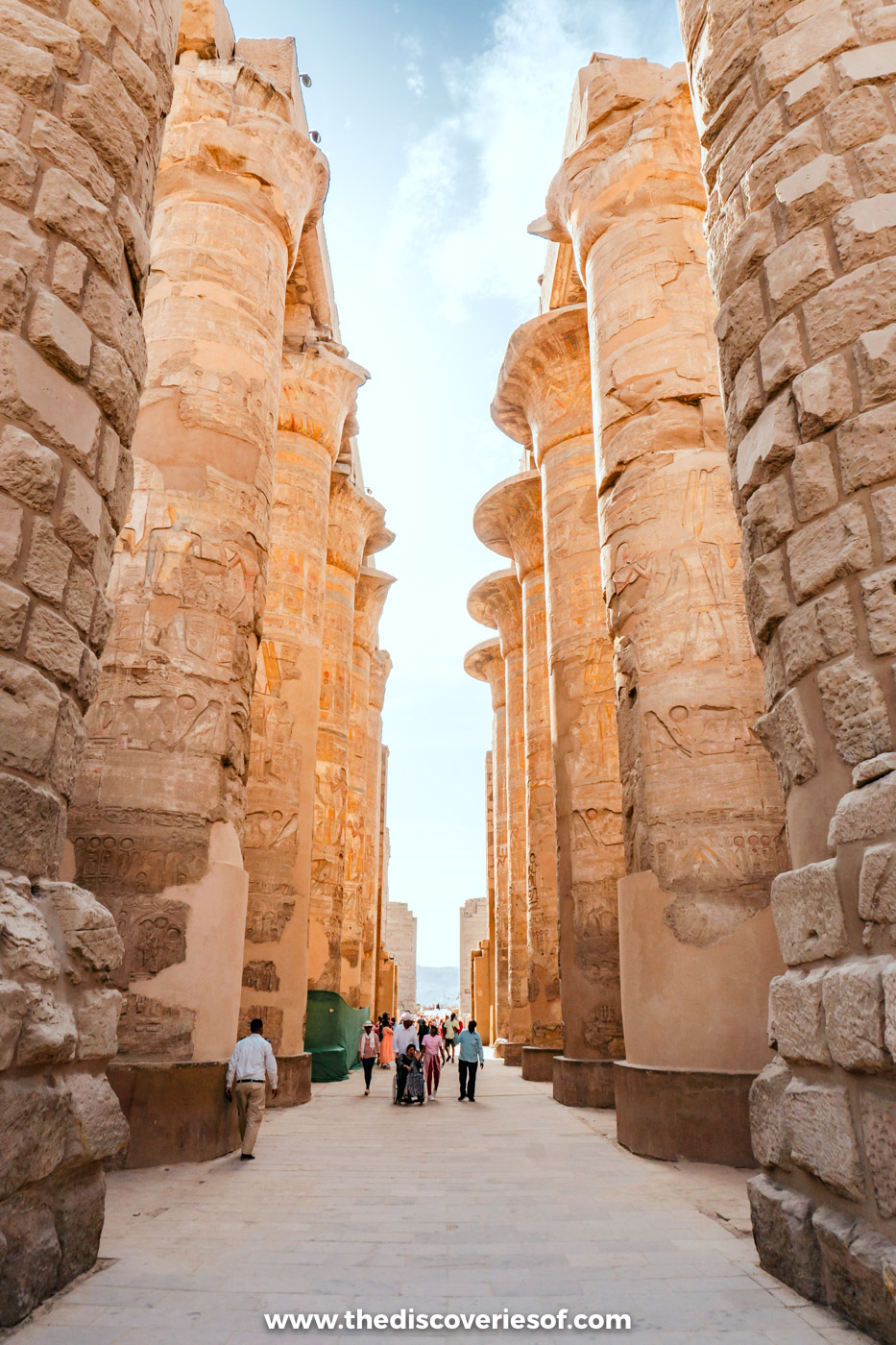 Rows of giant carved columns in the Great Hypostyle Hall at Karnak Temple, Luxor