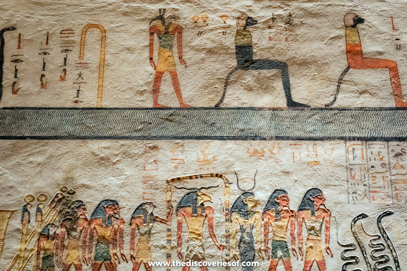 Painted registers of gods and serpents from the Book of Caverns in the first corridor of tomb KV6, Luxor