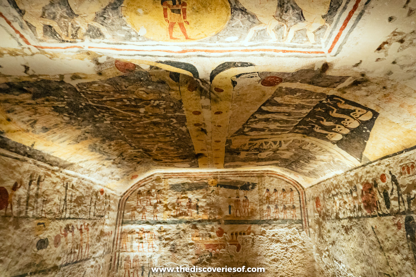 Two figures of the sky goddess Nut arching across the painted burial chamber ceiling of tomb KV6, Luxor